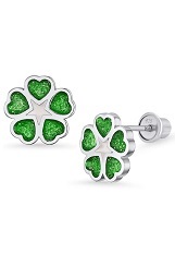 handsome silver green clover screw back baby earrings